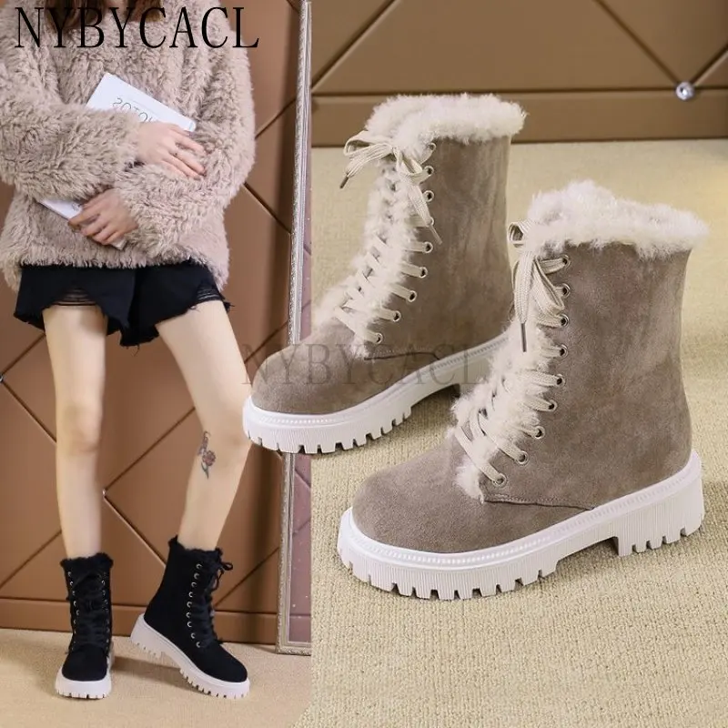 Autumn New Thick Sole Platform Chelsea Boots Women Rice White Suede Lace Up Mid Calf Short Boots Chunky Flat Heel Knight Boots