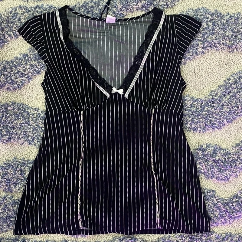 

Женский винтажный пуловер с коротким рукавом, V-образным вырезом и кружевом