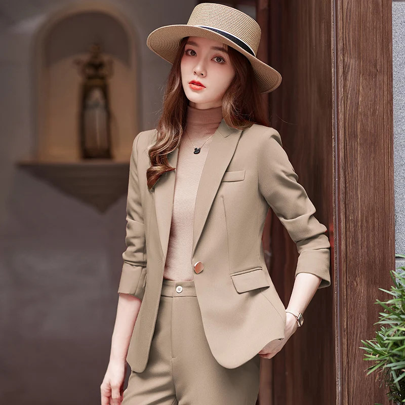 Korean Formal Ladies Khaki Orange Women Business Suits with Sets Work Wear Office Uniform  2-piece Large Size Pants Jacket Set