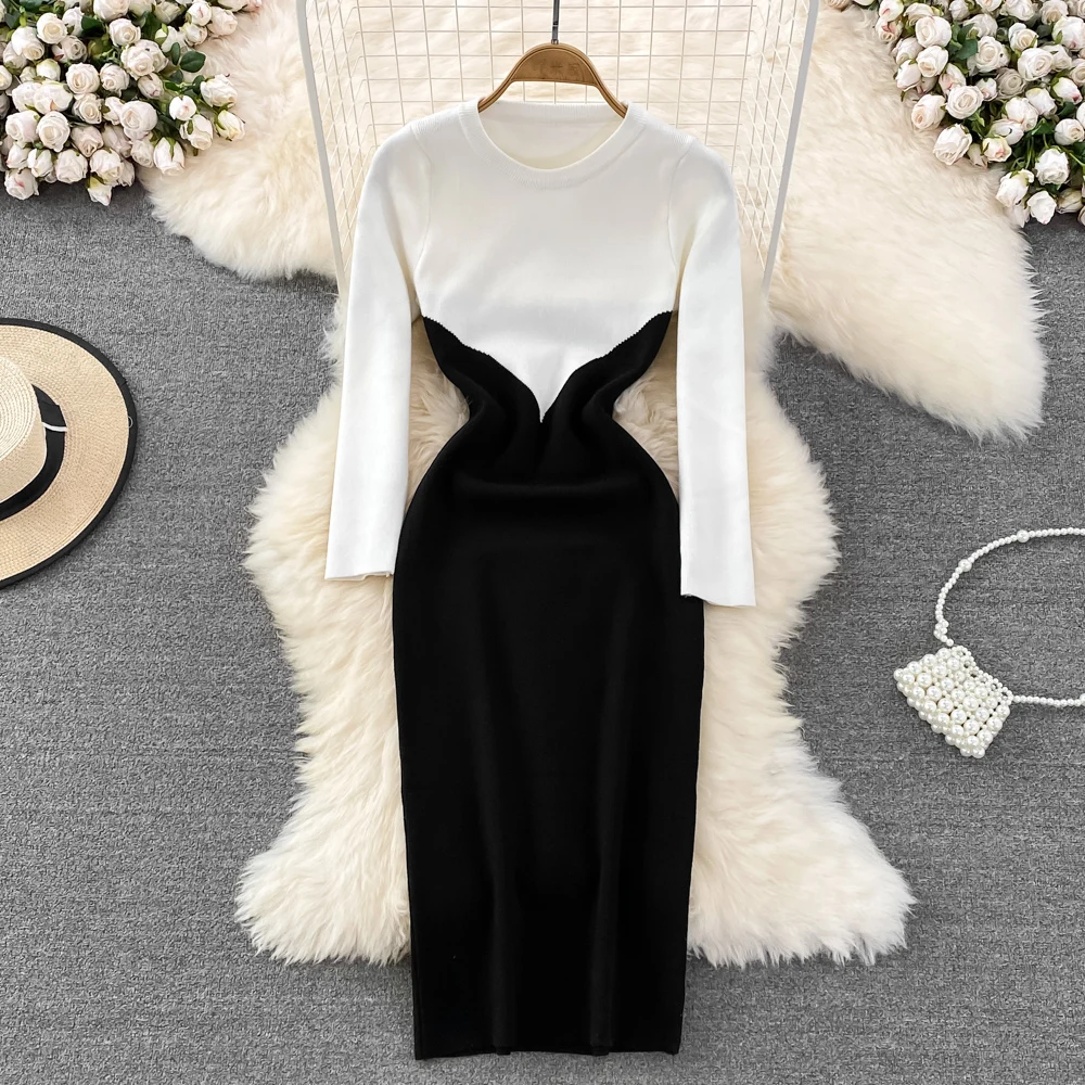 

Women Chic Long Sleeve Sexy Slim Bodycon Dress Vintage French Fashion Knit Basic Vestido Elegant Slim Autumn Winter Sweater Robe