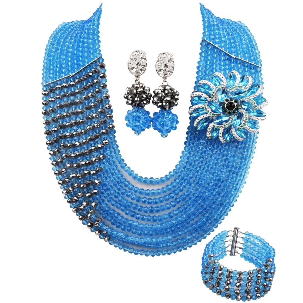 

Lake Blue Crystal Beaded Women Necklace African Beads Jewelry Set