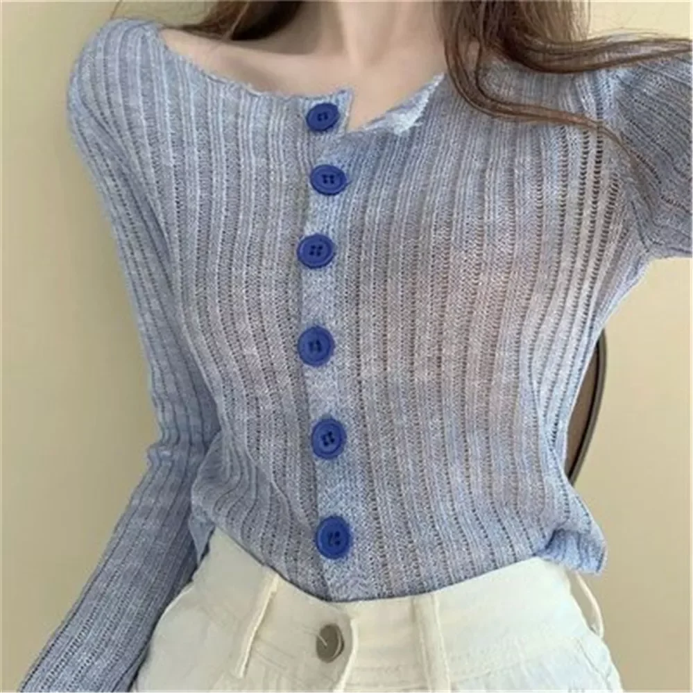 

Korean Fashion Girl Summer Autumn Knitted Jacket Thin Cropped Cardigan Full Sleeve Knitted Blouse Mesh Elastic Women