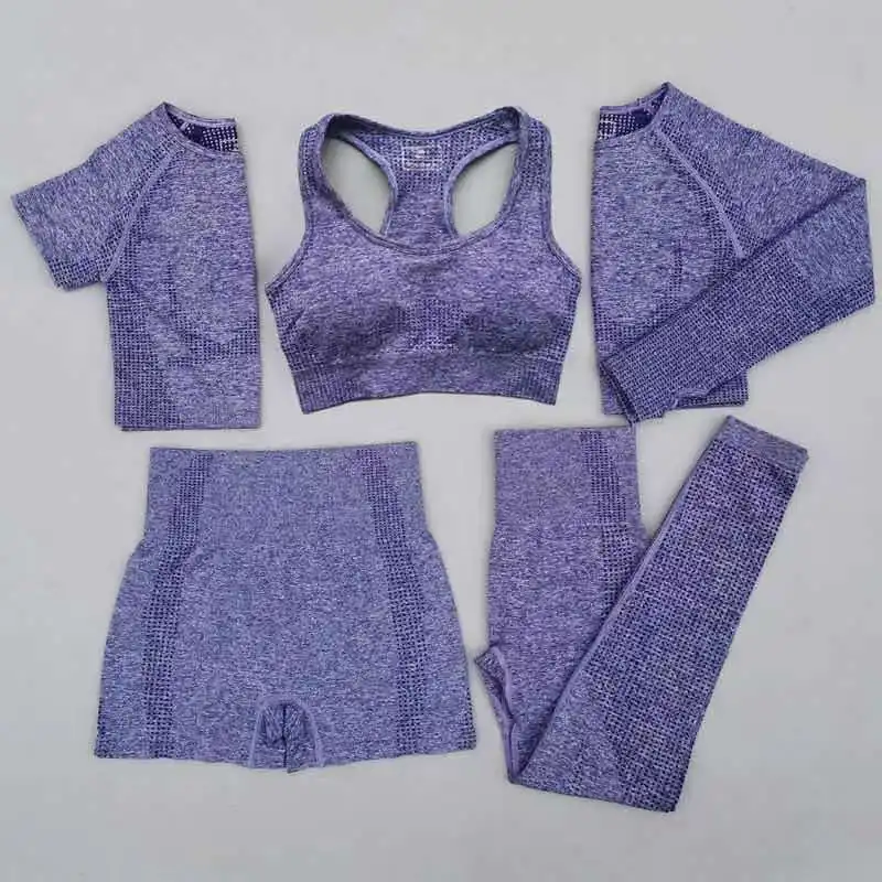 

CHRLEISURE 5PCS Seamless Sports Suit Elastic Yoga Set Beautiful Back Running Bra High Waist Hip Lift Fitness Pants Sportswear