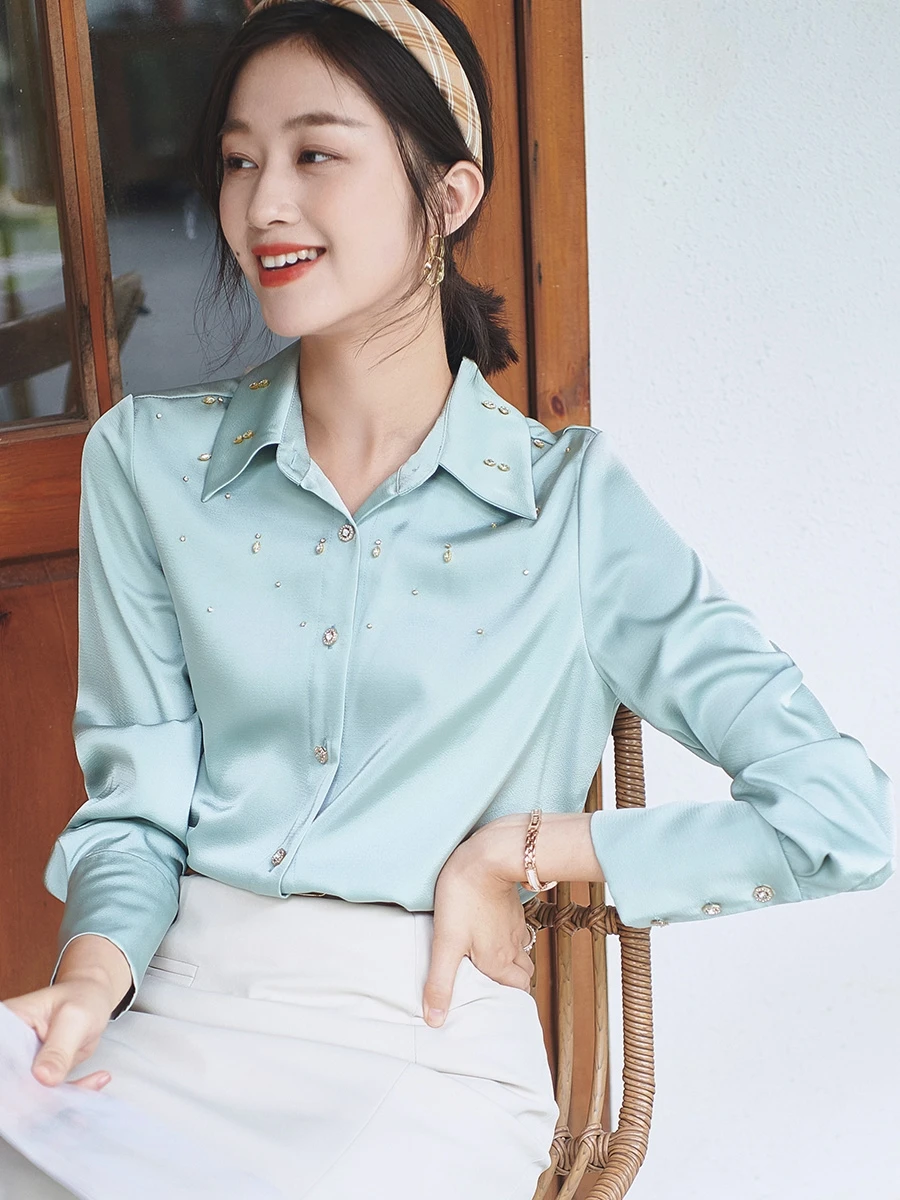 Осенние Роскошные зеленые атласные шелковые рубашки 8060 высококлассная рубашка с