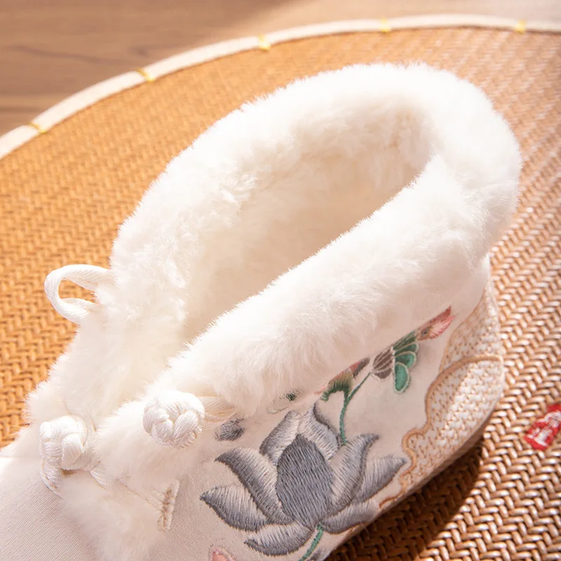 Chinese Style Winter Warm Hand Woven Short Plush Flower Embroidered Short Boots Costume National Home Shoes Outdoor
