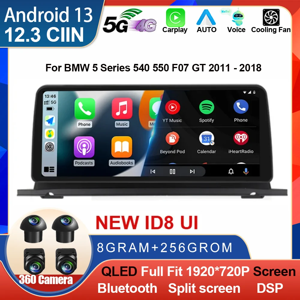 12 3 &quot8 + 128G Android 13 Автомобильный видеоплеер для BMW 5 серии 540 550 F07 GT 2011-2018 CIC NBT
