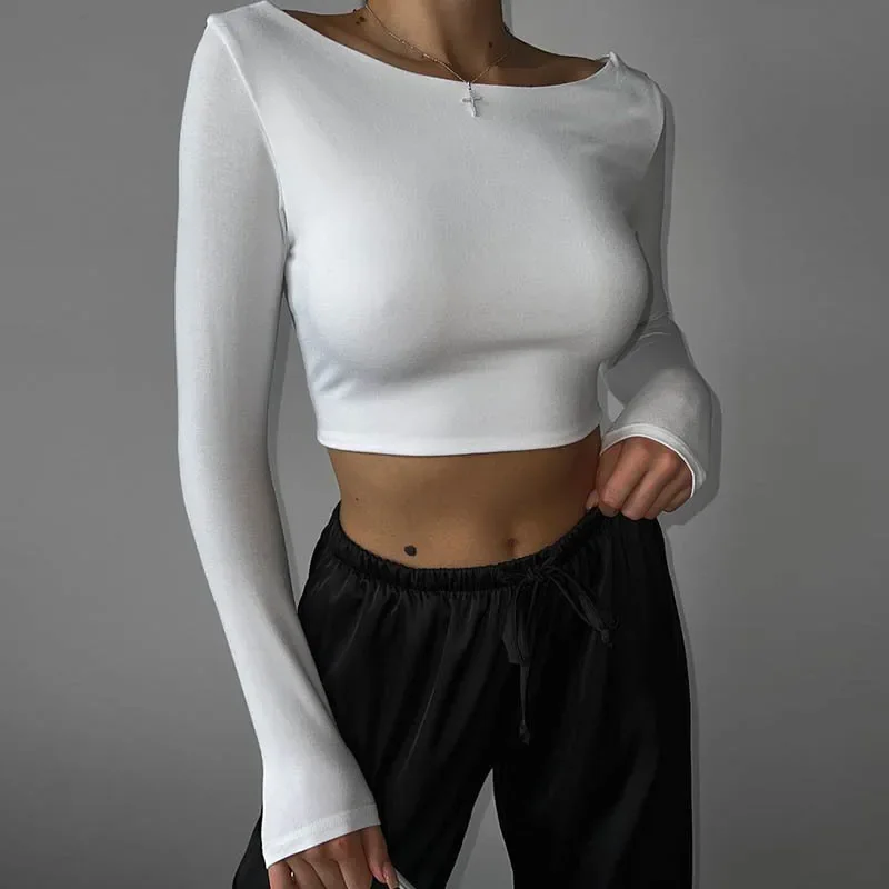 Осень 2024 новая сексуальная однотонная футболка с длинными рукавами и открытой