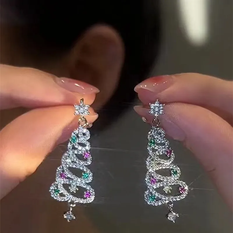 

New Full Inlaid Colorful Zircon Christmas Tree Tassel Earrings Women's Fashion Personality Earrings Party Jewelry Christmas Gift