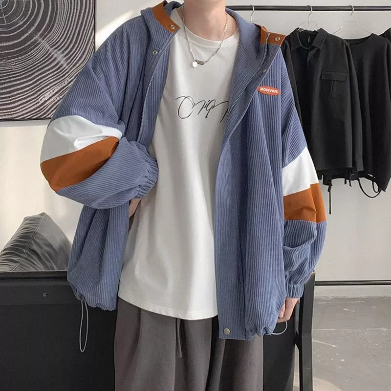 

Spring Autumn Men's Jacket Contrast Color Cardigan Hooded Corduroy Coat Unisex Korean Style Trendy Handsome Varsity Jacket