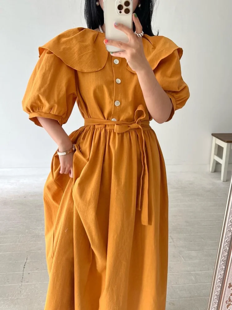 

Plain Dress For Women O Neck Peter Pan Collar High Waist Lace Up Chic Long Dresses Female 2022 Summer Fashion Clothing