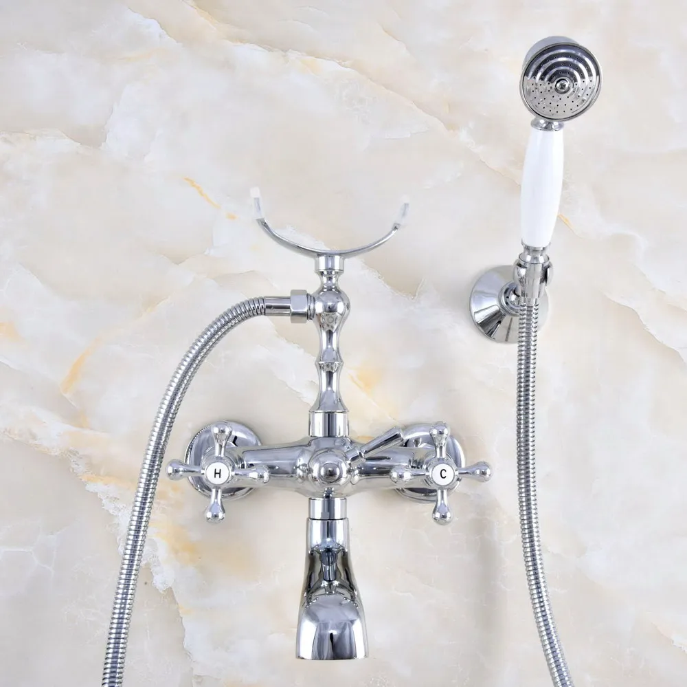 

Polished Chrome Double Cross Handles Wall Mount Clawfoot Bathroom Tub Faucet Hand Shower Mixer Tap ana715
