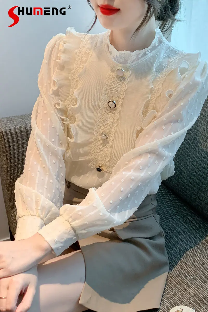 

Тяжелая промышленная кружевная шифоновая рубашка с оборками, весна-осень, топ, Женская Новая мягкая модная блузка во французском стиле