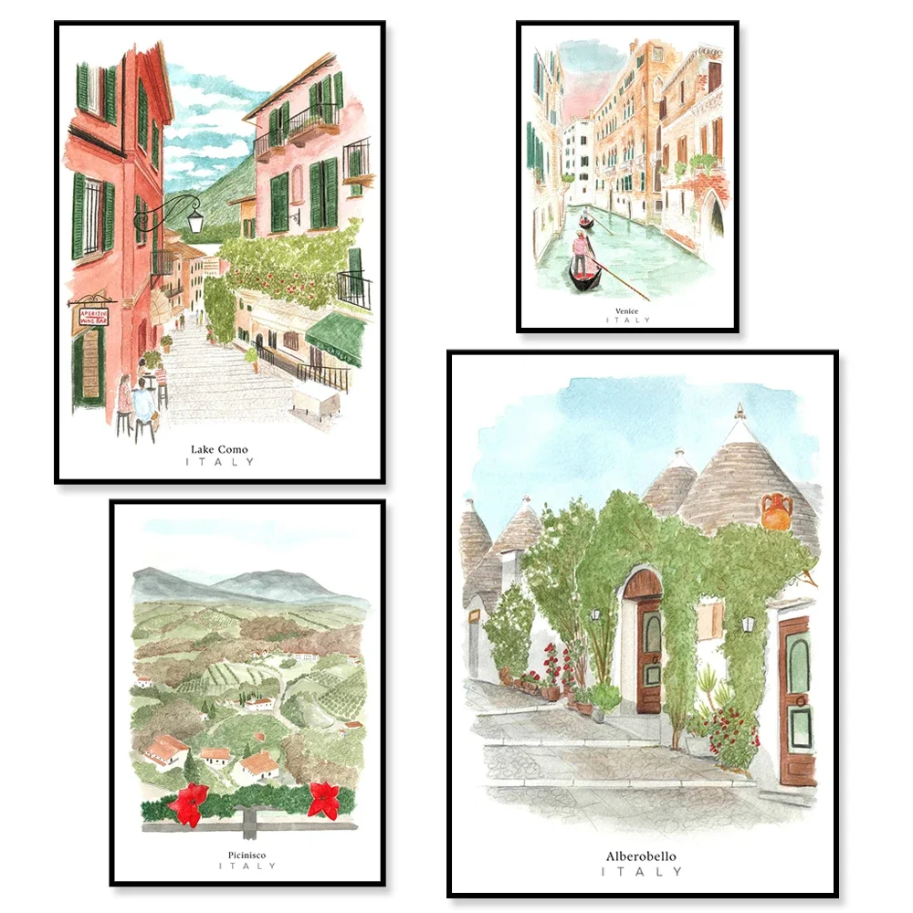 Акварельный туристический постер с Альбербоэлло Мопсом горным верхом Рио Немоonti