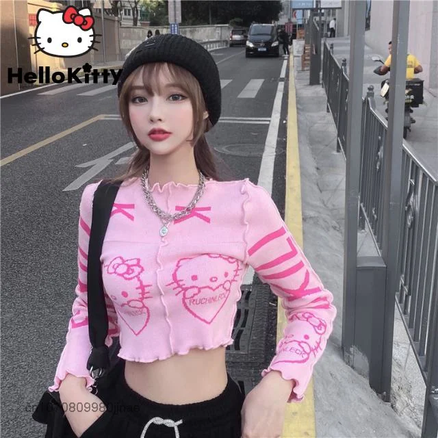 Sanrio Hello Kitty Pink Graphic Sweater Women's Autumn Slim Stitching Cartoon Kawaii Cute Short Sweater Y2k Top Girls Clothes