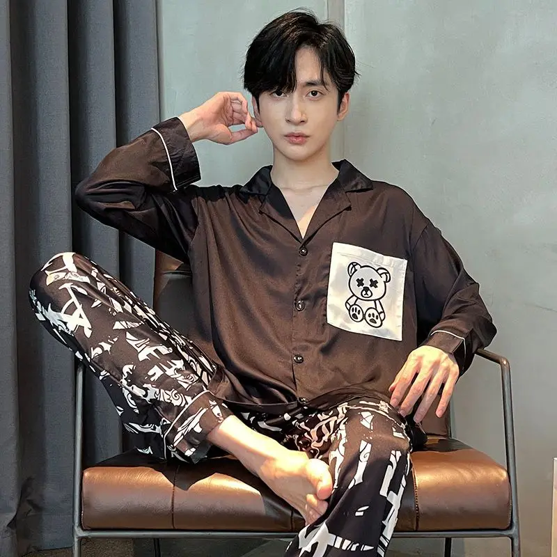 Pajamas Men's New Spring and Autumn Ice Silk Summer Long Sleeve Youth Cartoon Thin Large Homewear Set