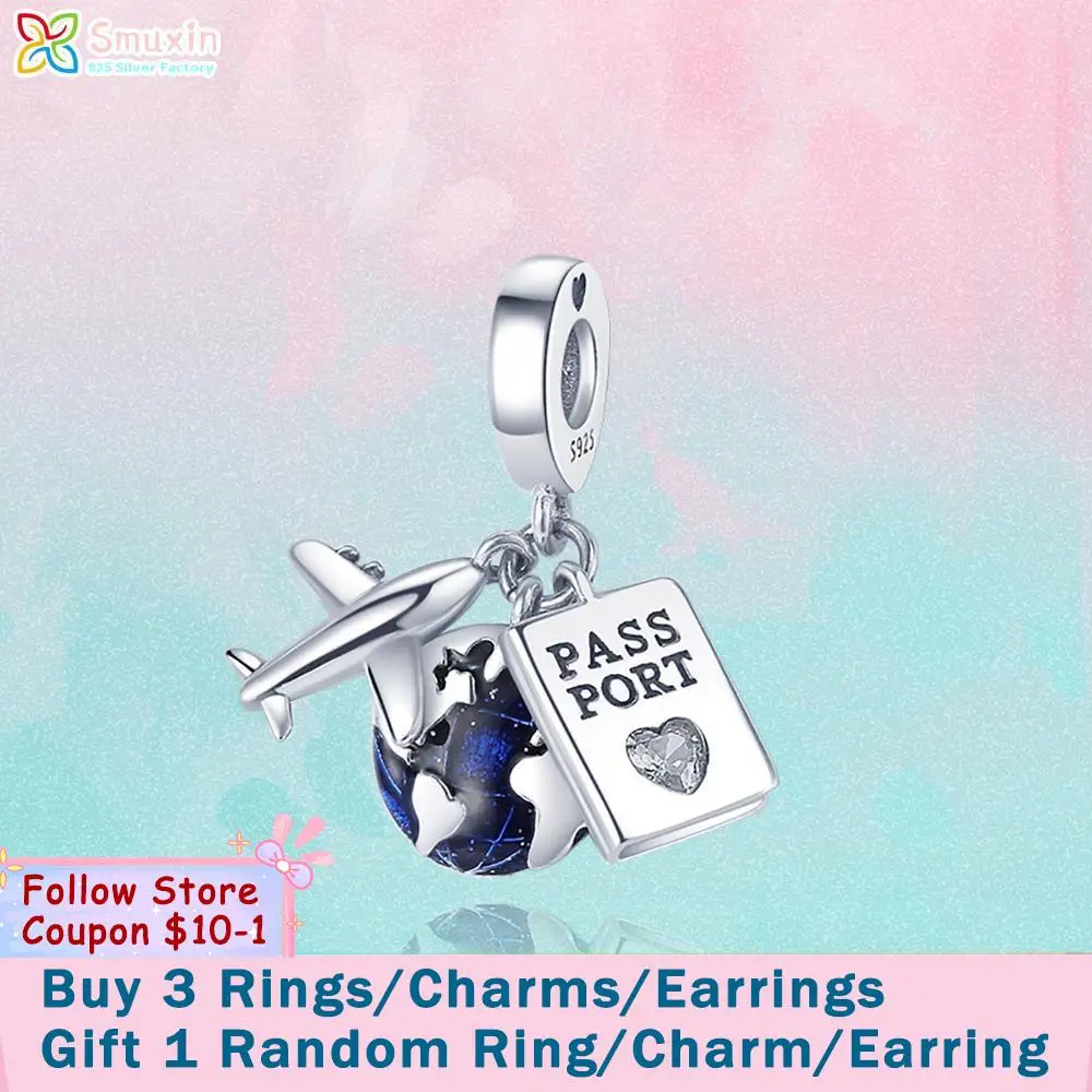 

Smuxin 925 Sterling Silver Beads Airplane Passport Earth Charm fit Original Pandora Bracelets Fashion Fine Jewelry Gift