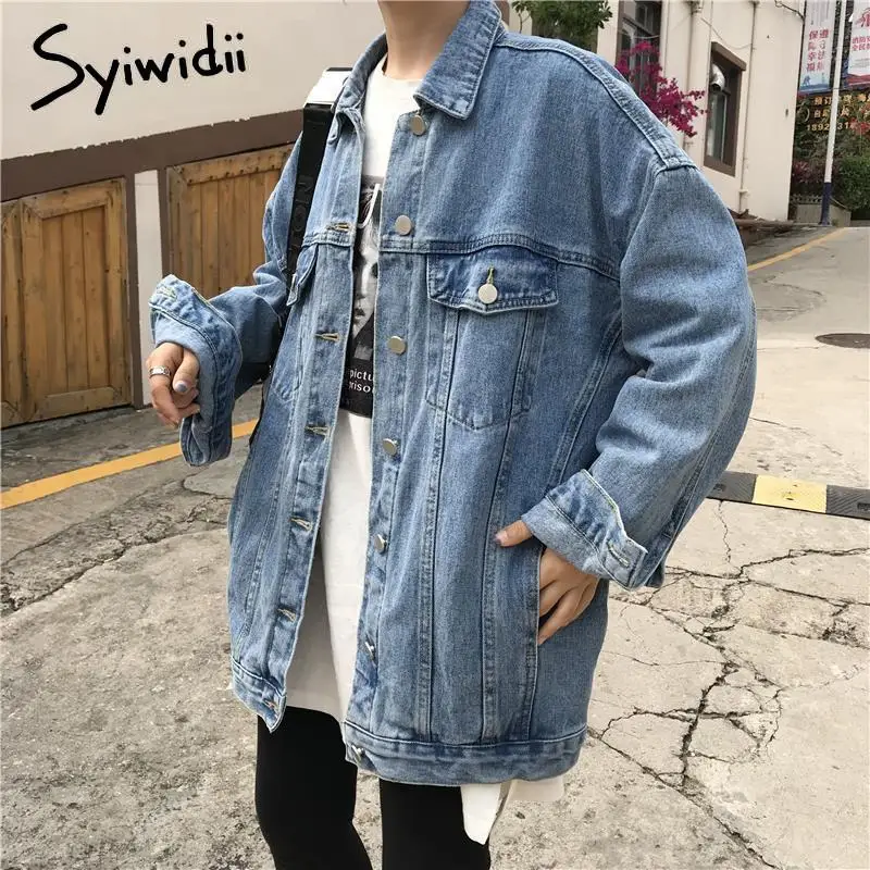 Syiwidii Jean Jacket Women Denim Coat Spring 2022 New Fashion Loose Oversized Blue Button Up Cardigan | Женская одежда