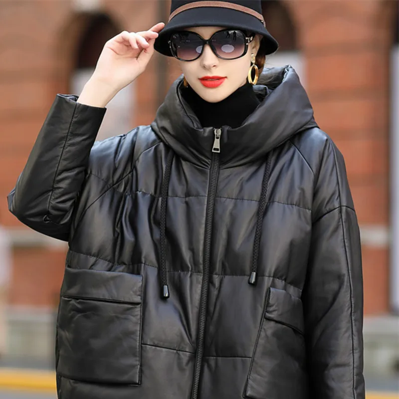 Leather Down Jacket Coats Winter Women's Middle Length Hooded Sheepskin Outerwear Brand Tops Large Size Loose Thickened Jacket enlarge