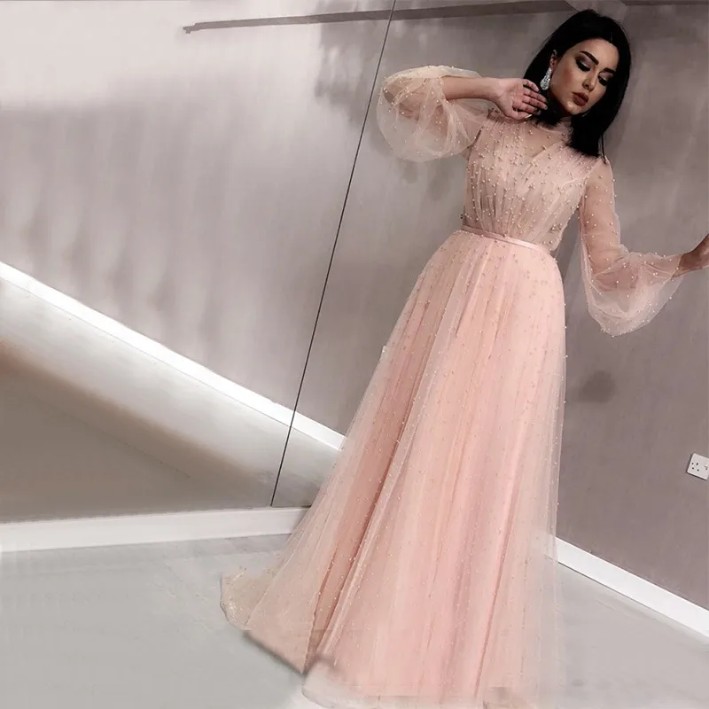 

Black Peach Pearls A-Line Evening Dress 2023 Latest Design Long Sleeves Prom Party Gowns Saudi Arabia Robe De Soiree