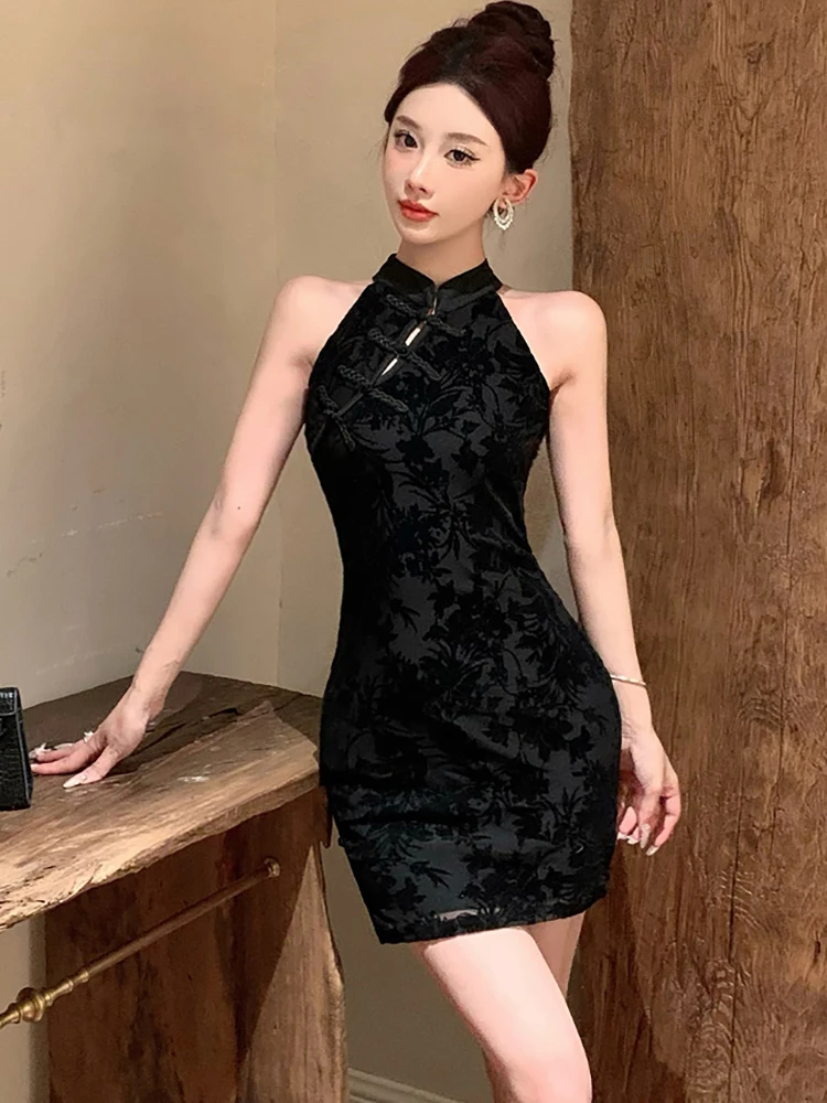 Черное жаккардовое шикарное соблазнительное Клубное платье с воротником