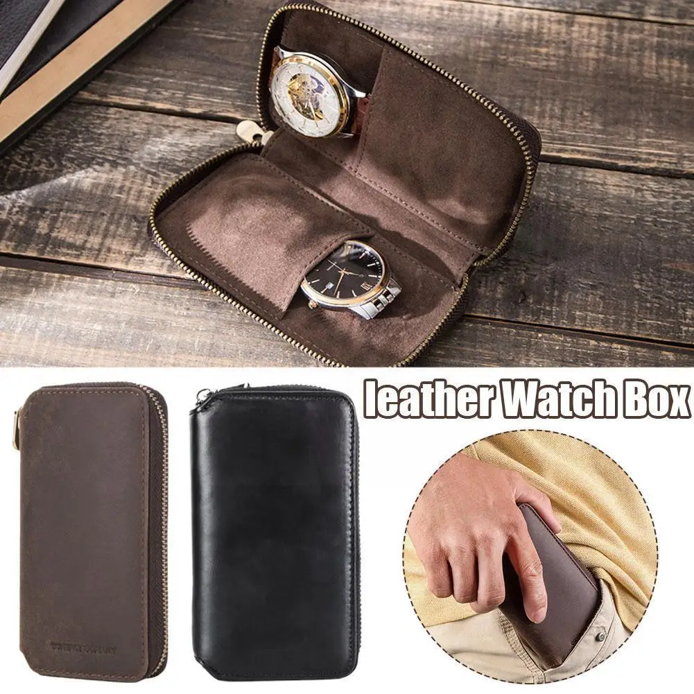 

2-Slot Rustic Leather Watch Box Vintage Pouch With Holds Organizer Zipper Portable Collector Brown Watch Watch Bag Bag Orga V3B1