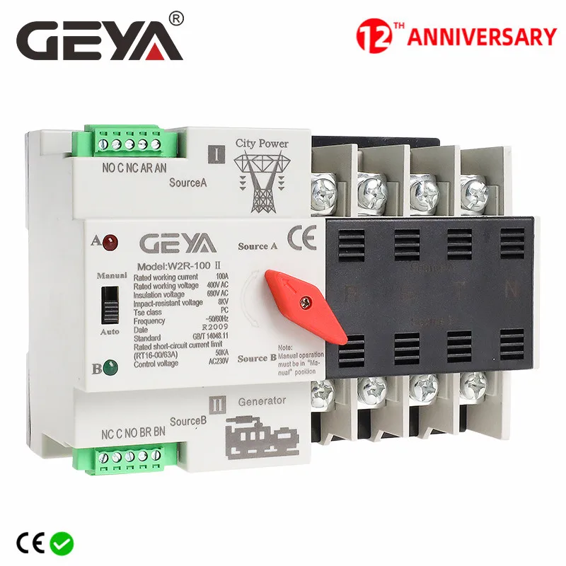 

GEYA W2R Mini ATS 4P Automatic Transfer Switch Controller Electrical Type ATS Max 100A 4POLE Din Rail Electric Switch