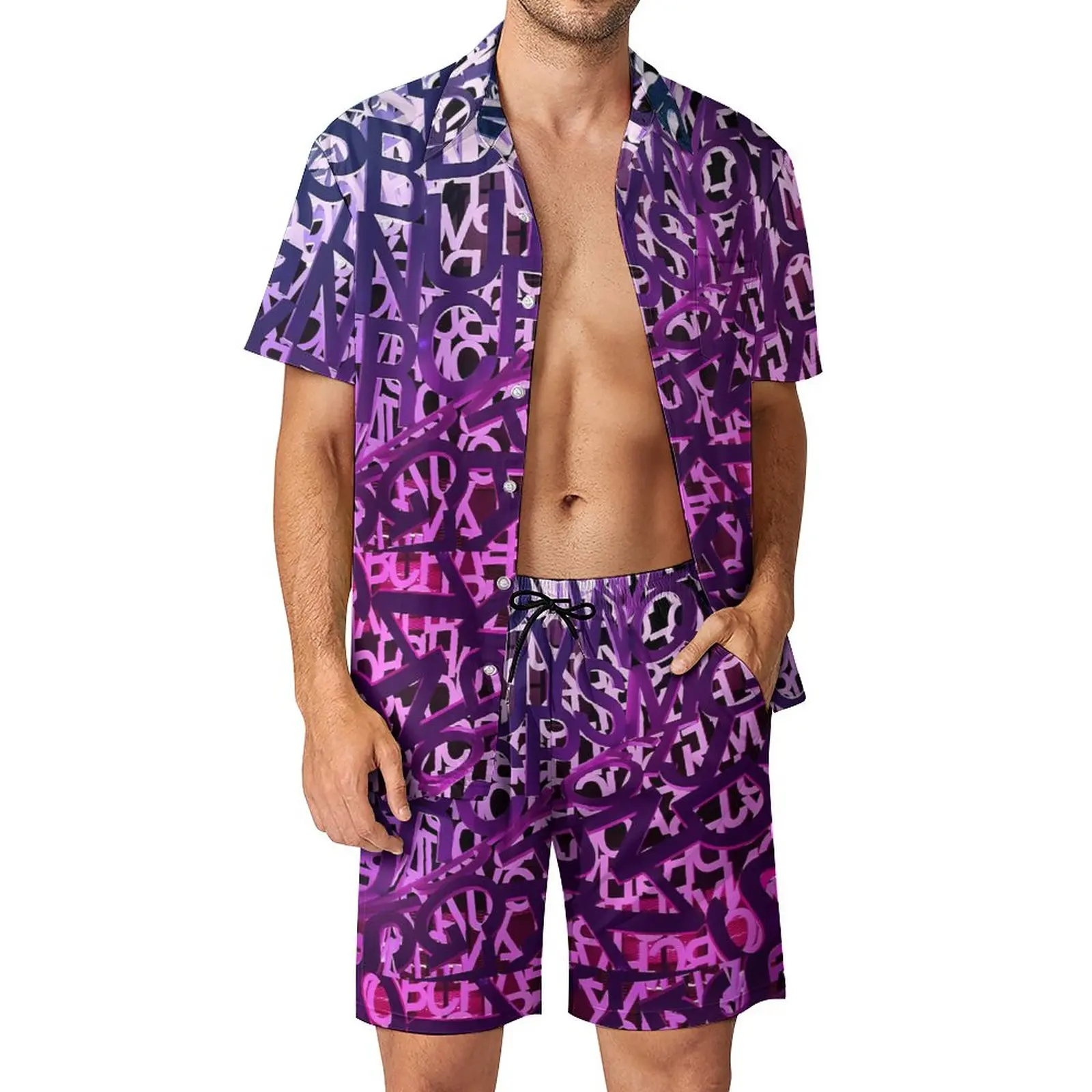 

Abstract Letter Beach Men Sets Purple Gradient Casual Shirt Set Summer Graphic Shorts Two-piece Fashion Suit Large Size