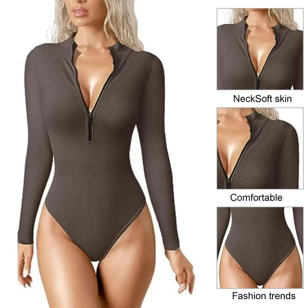 

Трикотажное Женское боди из эластичной ткани, облегающее эластичное трикотажное боди на молнии с воротником-стойкой для весны