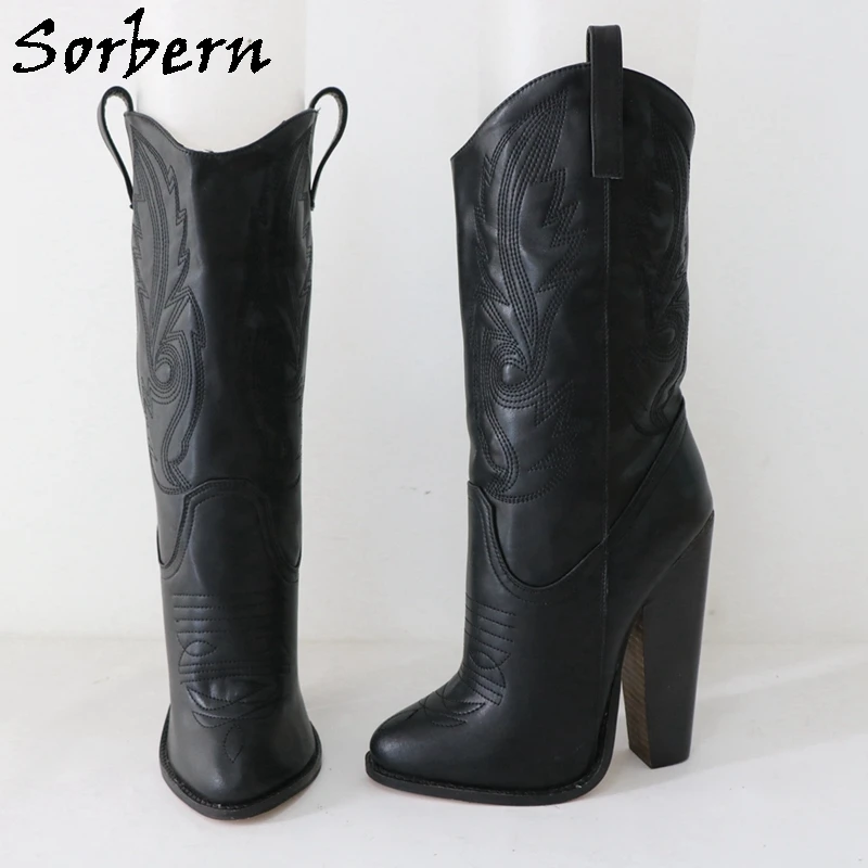 Sorbern Genuine Leather Embroider Ankle Boots Unisex Cowboy Boots Block Heel Pointy Toes Black Matt Retro Style Custom Booties