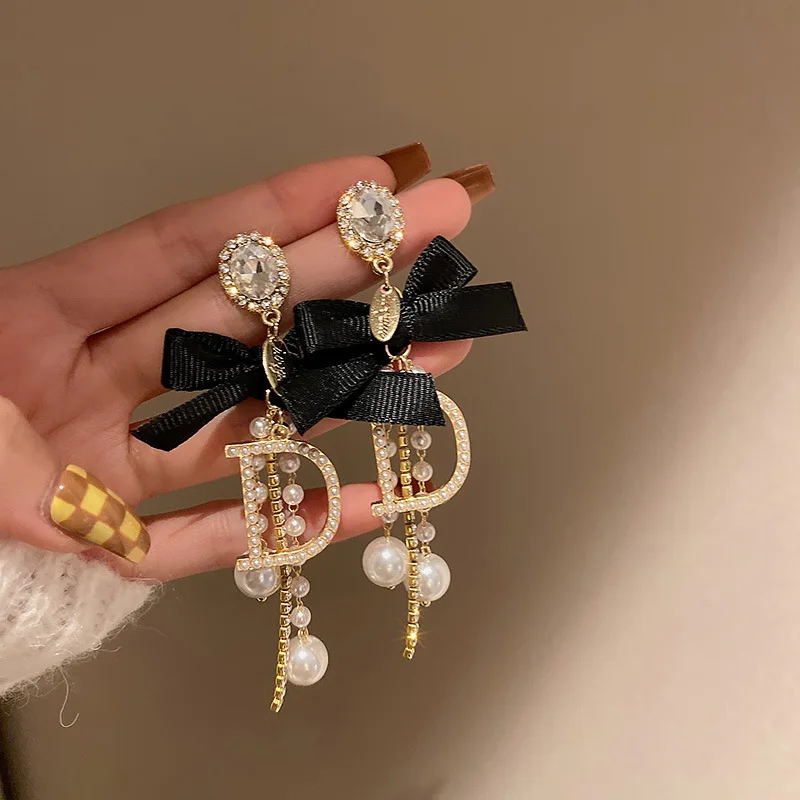 

925 Silver Needle Letter Bow Earrings Pearl Long Tassel Earrings Fashion Female Cross earrings butterfly crochet earrings boho