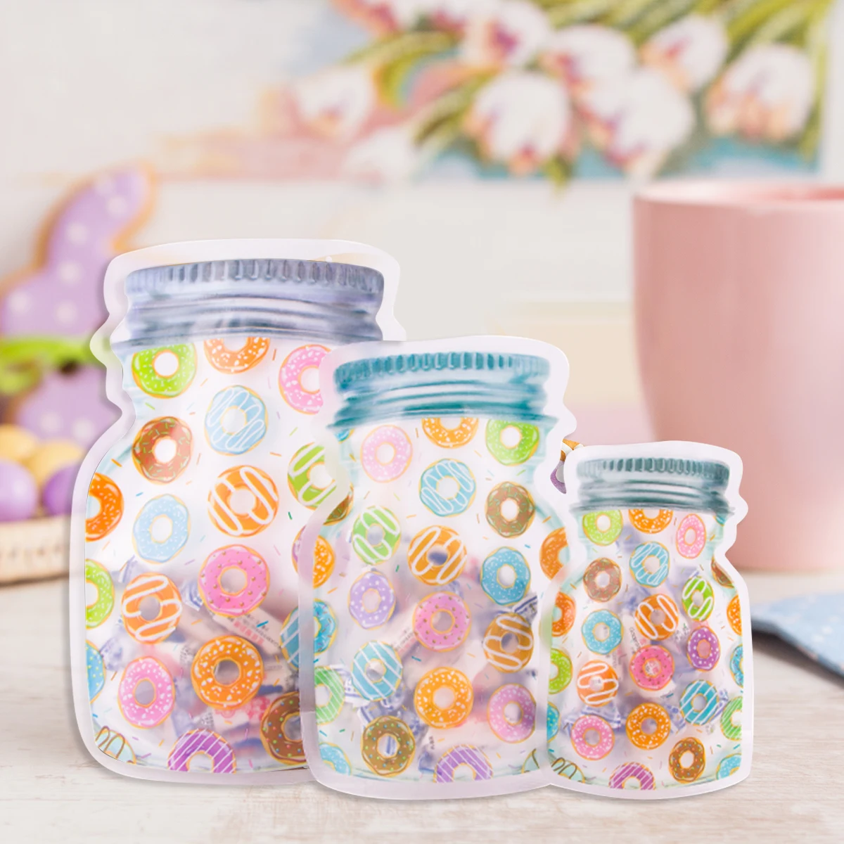 

3pcs Donuts Candy Plastic Seal Bags Mason Bottles Type Bags Donut Print Candy Snacks Sealed Bag Food Storage Donut Party Decor