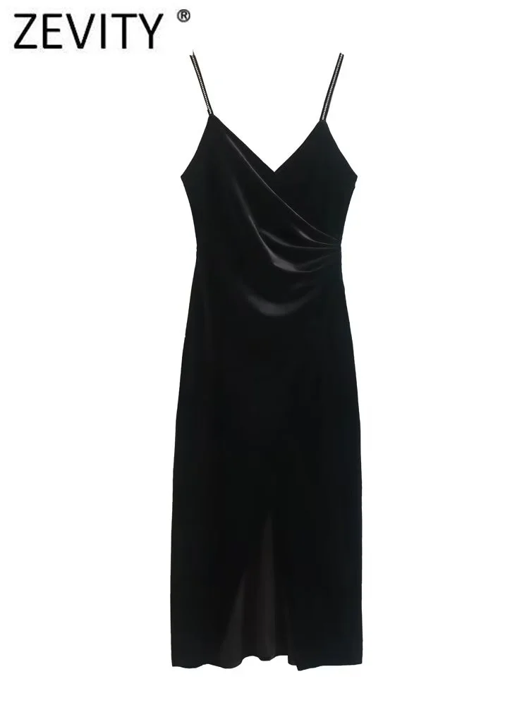 

Женское сексуальное бархатное платье Zevity на бретельках с разрезом, женское шикарное платье средней длины со складками по бокам, DS2934