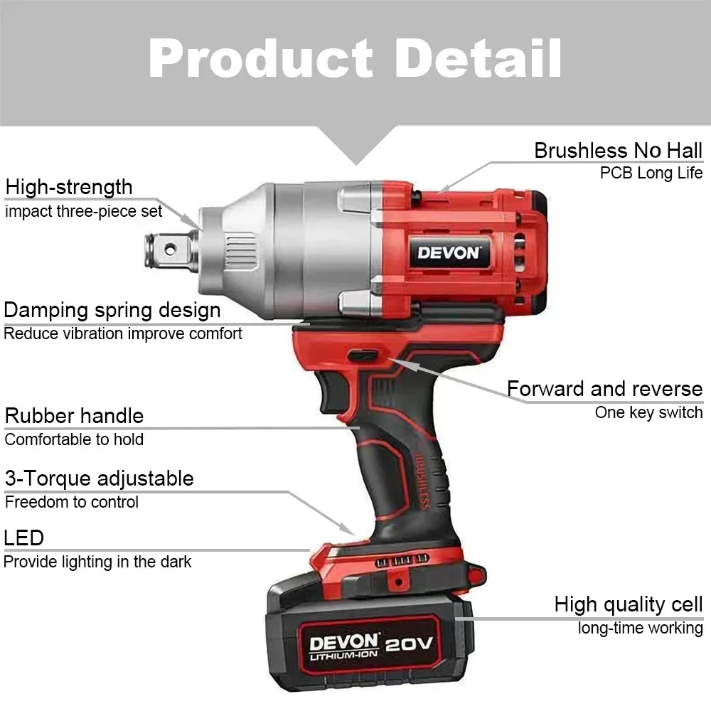 Devon Heavy Duty 5758 Cordless Impact Wrench Brushless 20v Max 1900Nm Torque Adjustable 1700rpm 2200ipm Universal Flex Battery