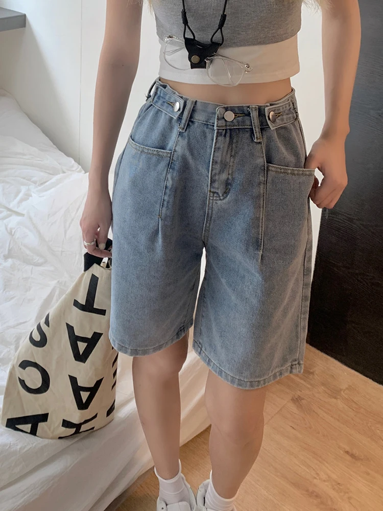 Spring Summer Women High Waist Straight Adjustable Button Denim Shorts Streetwear Female Loose Jeans Shorts Bottoms