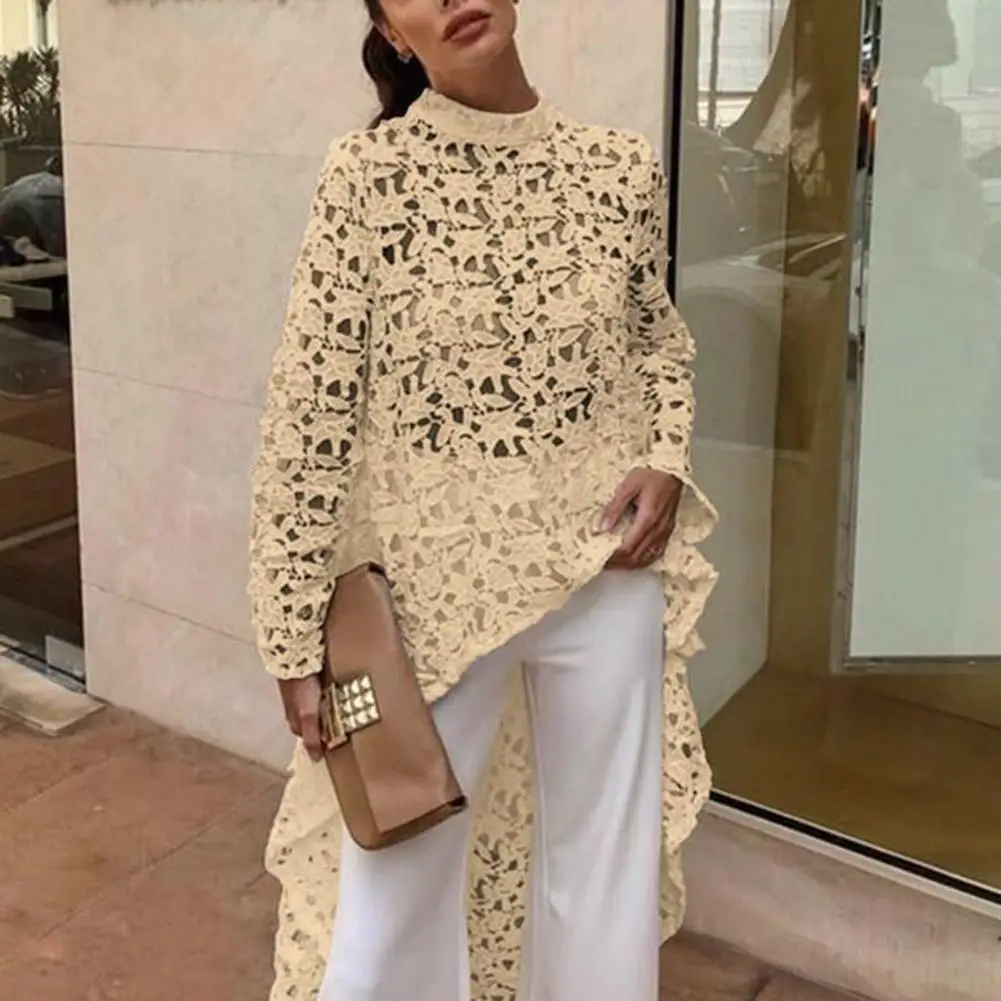 Рубашка с высоким воротником элегантная кружевная блузка длинными рукавами и