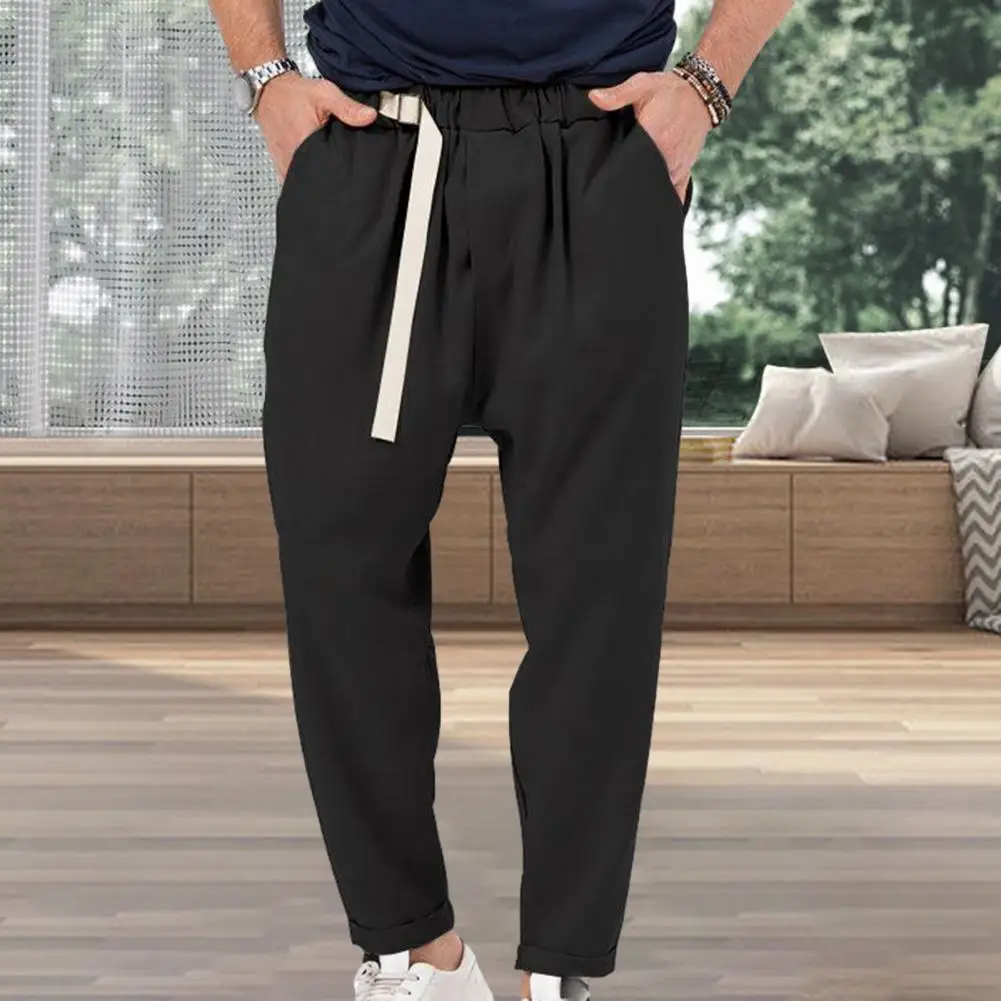 

Male Solid Color Harem Trousers Loose Fit Harem Trousers with Elastic Waistband Belt Pockets Stylish Men's Streetwear for A