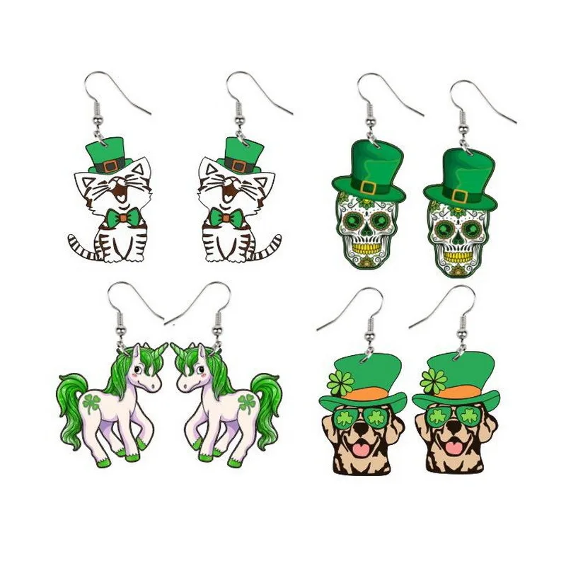 

New Cute Green Festival Unicorn Kitten Dog Skull Clover Lucky Grass Earrings Female Fashion Jewelry Gift for Her