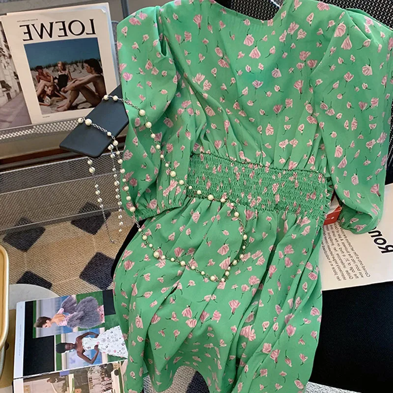 

Мини-платье женское в стиле бохо, шикарный праздничный пляжный сарафан с цветочным принтом, свободный зеленый сарафан с коротким рукавом-фо...