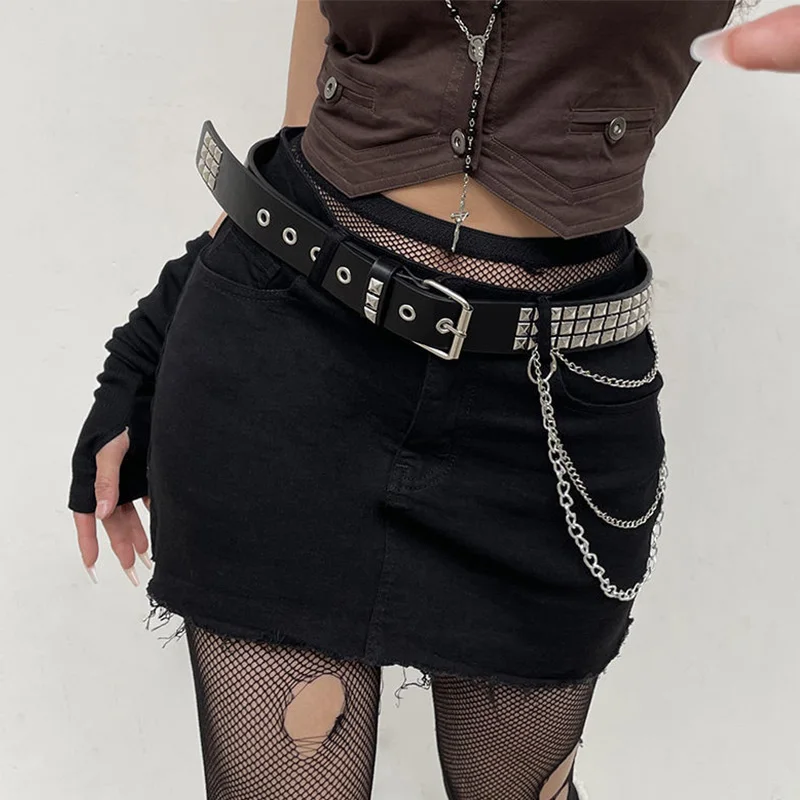 Gothic Punk Leather Y2k Belt For Women Men Metal Buckle Waist Strap Designer Luxury Female Jeans Trouser Decorative Waistband