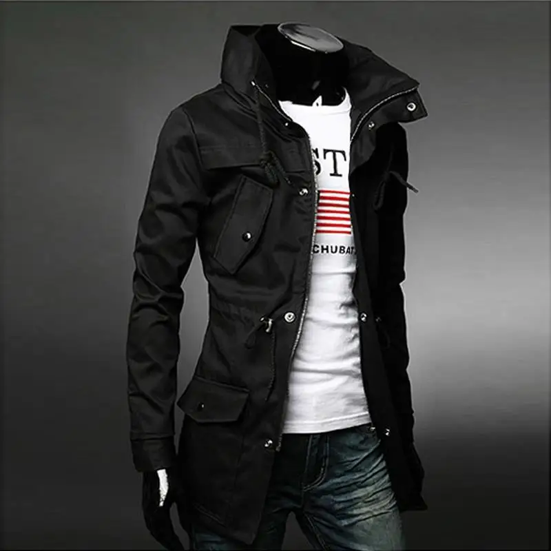 

2022 Autumn Black Mid-length Windbreaker Jacket Casual Korean Style Trendy Men's Jacket Denim Overcoat Tights Y886