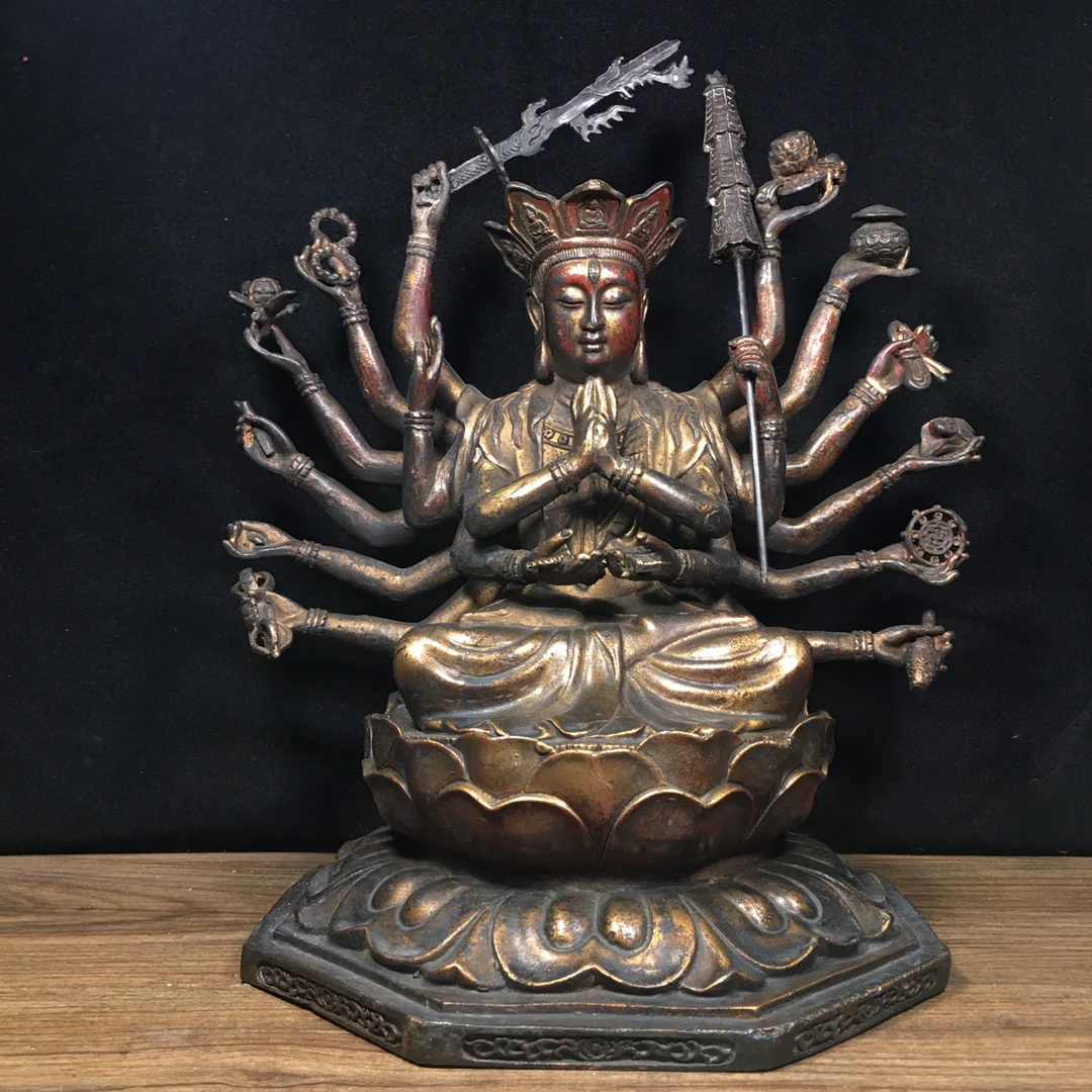 

12"Tibetan Temple Collection Old Bronze Cinnabar Mud gold Northern Wei Buddha Cundhi Bodhisattva 1000 Arm Guanyin worship hall