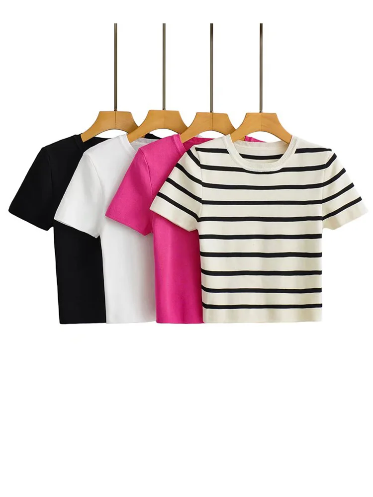 

PB&ZA2023Early spring new women's fashion round neck slim fit short section ice silk knit short sleeve 3519025