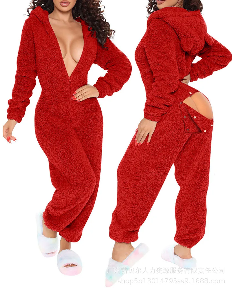 2022 Autumn Winter New Fashion Red Pink Jumpsuits Casual Women Plush Homewear Pajamas Cute Jumpsuit Long Sleeved Hooded Trousers
