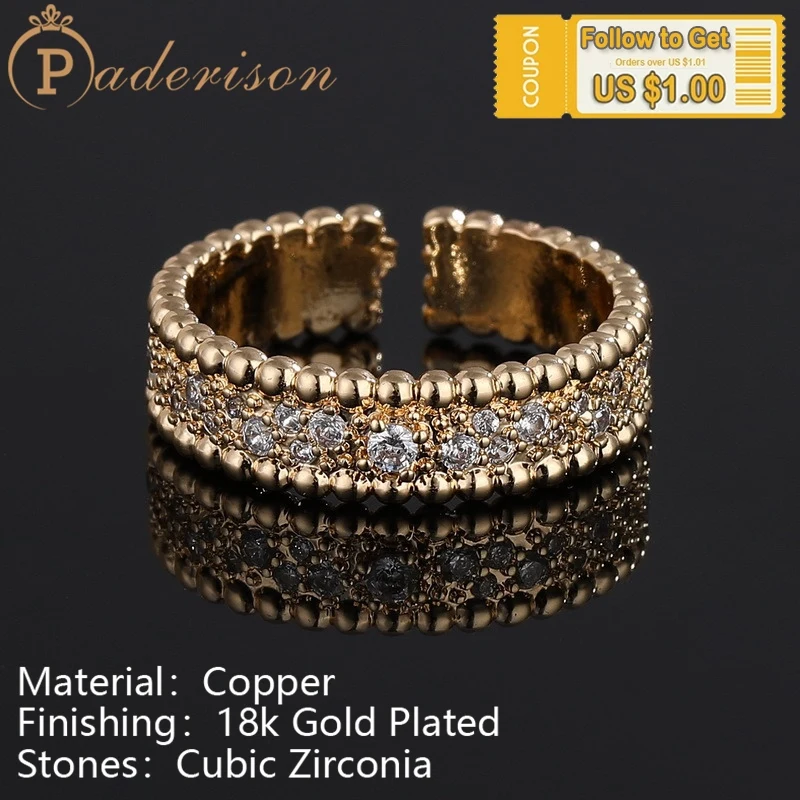 

Vintage Classic Shiny Zircon Opening Ring for Women Retro Circle Adjustable Ring Copper 18k Gold-plated Party Jewelry