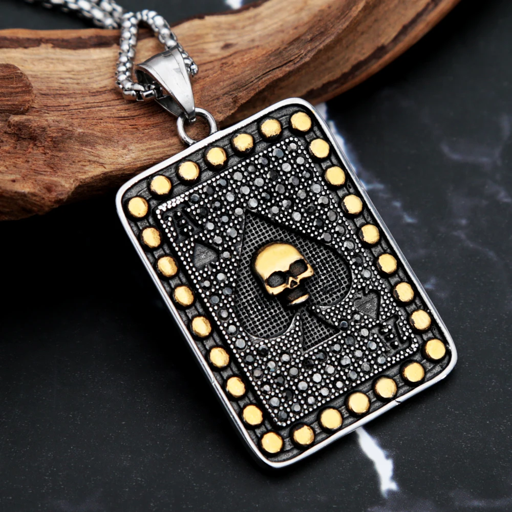 

Unique Vintage Gothic Skull Pendant Necklace For Men Golden Stainless Steel Ace Of Spade Necklace Jewelry Gift Wholesale