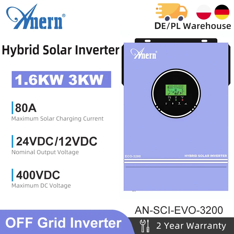 

Anern 3KW 2KW 2.4KW 1.5KW Off Grid Hybrid Solar Inverter 12V 24V 230V MPPT Pure Sine Wave Solar Charge Controller WIFI Monitor