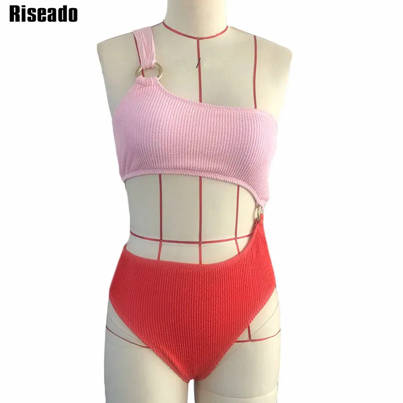 

Riseado Sexy One Shoulder Women's One Piece Swimsuits Ribbed Swimwear 2022 Two Tone Swimming Suit For Women Ring Linked Monokini
