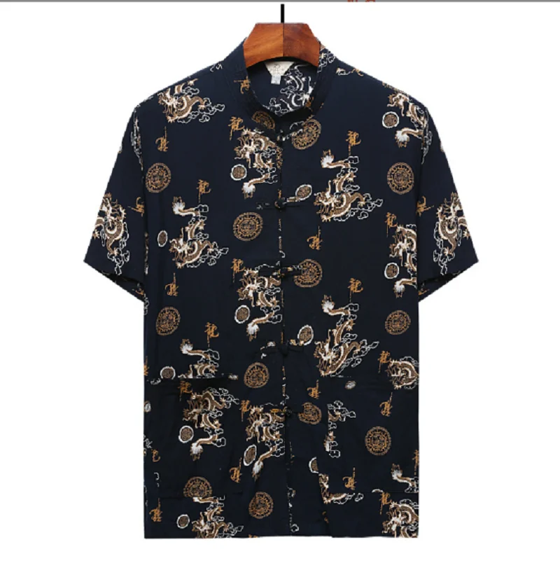 

Hot Sale Chinese Style Men Tang Suit Short Sleeve Cotton Linen Top Coat Embroidered Dragon Shirt Casual Jacket Size M-XXXL