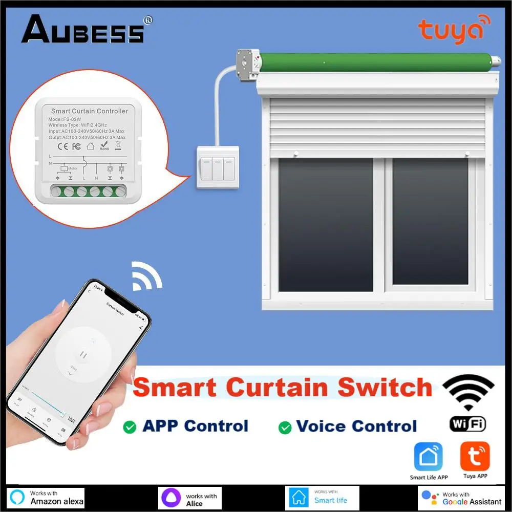 

Смарт-переключатель для штор Aubess Tuya, Wi-Fi, система автоматического управления, роликовый затвор, шторный двигатель с поддержкой Alexa, Google Home