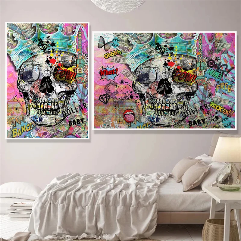 

Graffiti Art Skull Poster and Prints Pop Street Skull With A Crown Canvas Paintings Wall Art Picture for Room Cuadros Decor